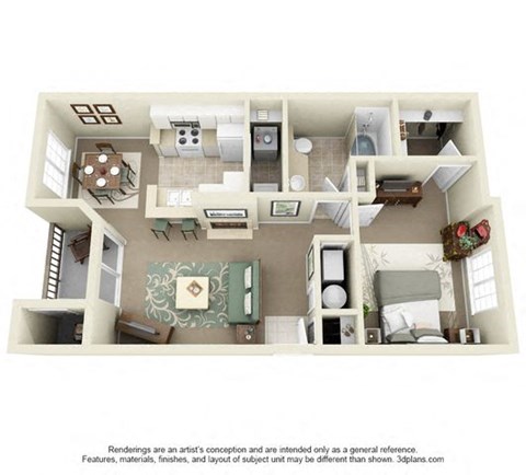 Floor plan for 1 bed, 1 bath, 718 sqft